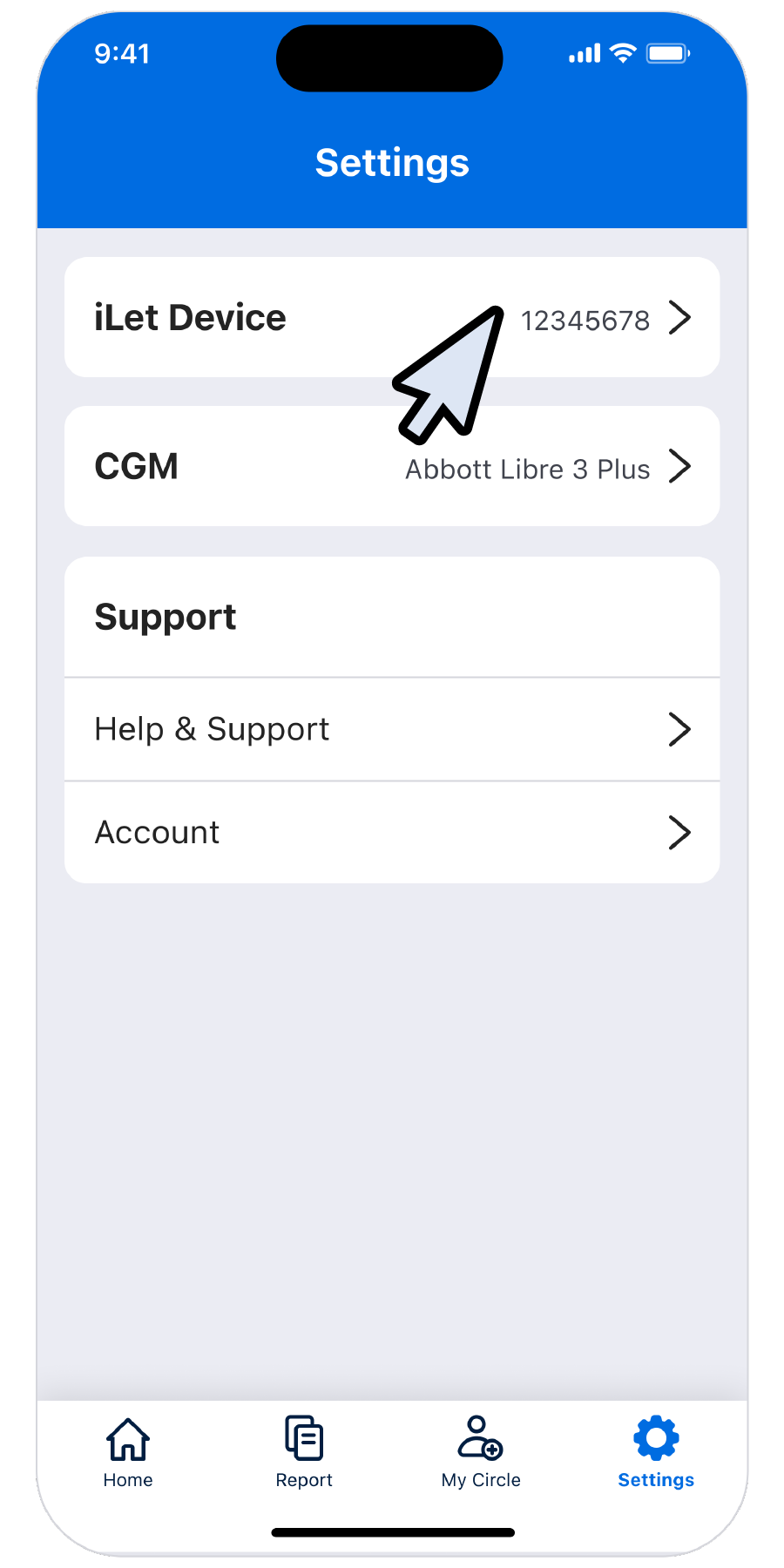 Step 1: Open the iLet app and go to Settings. Tap iLet Device.