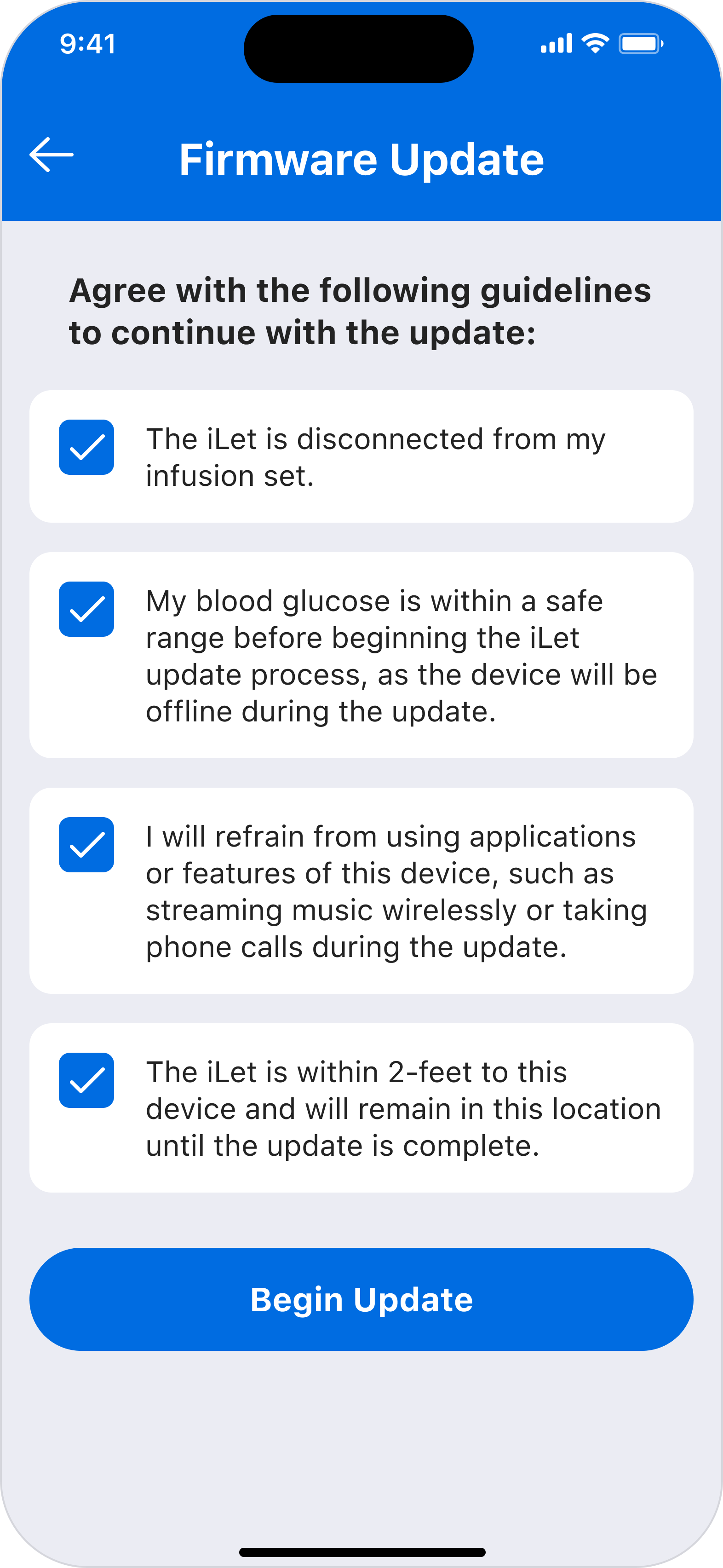 Step 6: Check all boxes once ready, then tap Begin Update.