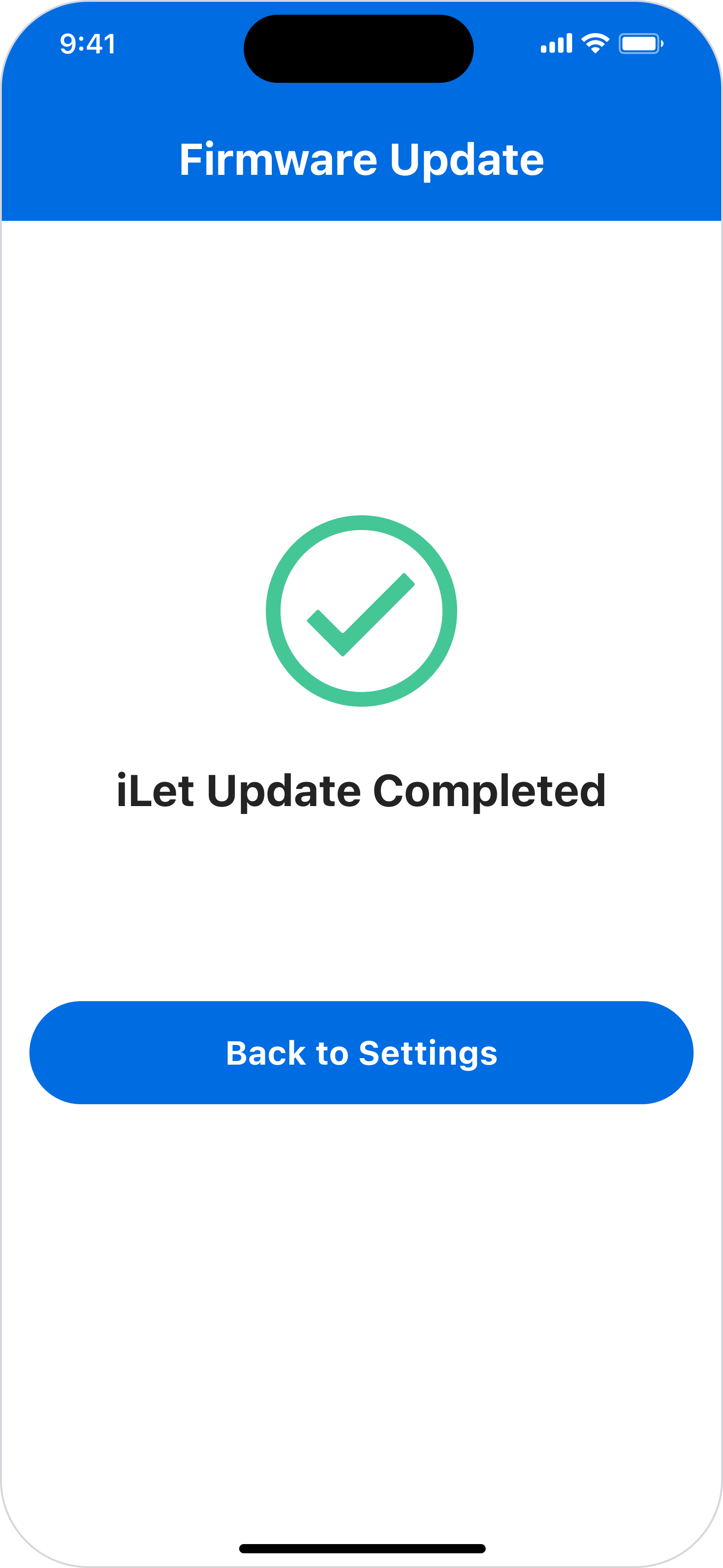 Step 9: Your iLet update is complete. Tap Back to Settings.